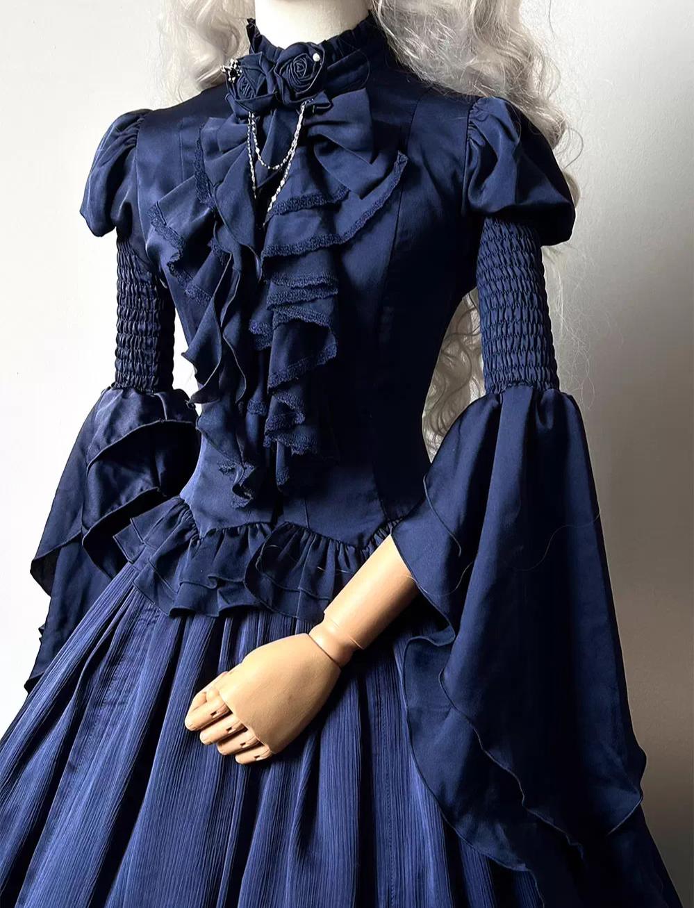 Dragon Bone Cemetery - Gothic Lolita Blouse, Detachable Bell Sleeves Dark Blue Blouse + Bow Brooch + Detachable Bell Sleeves S