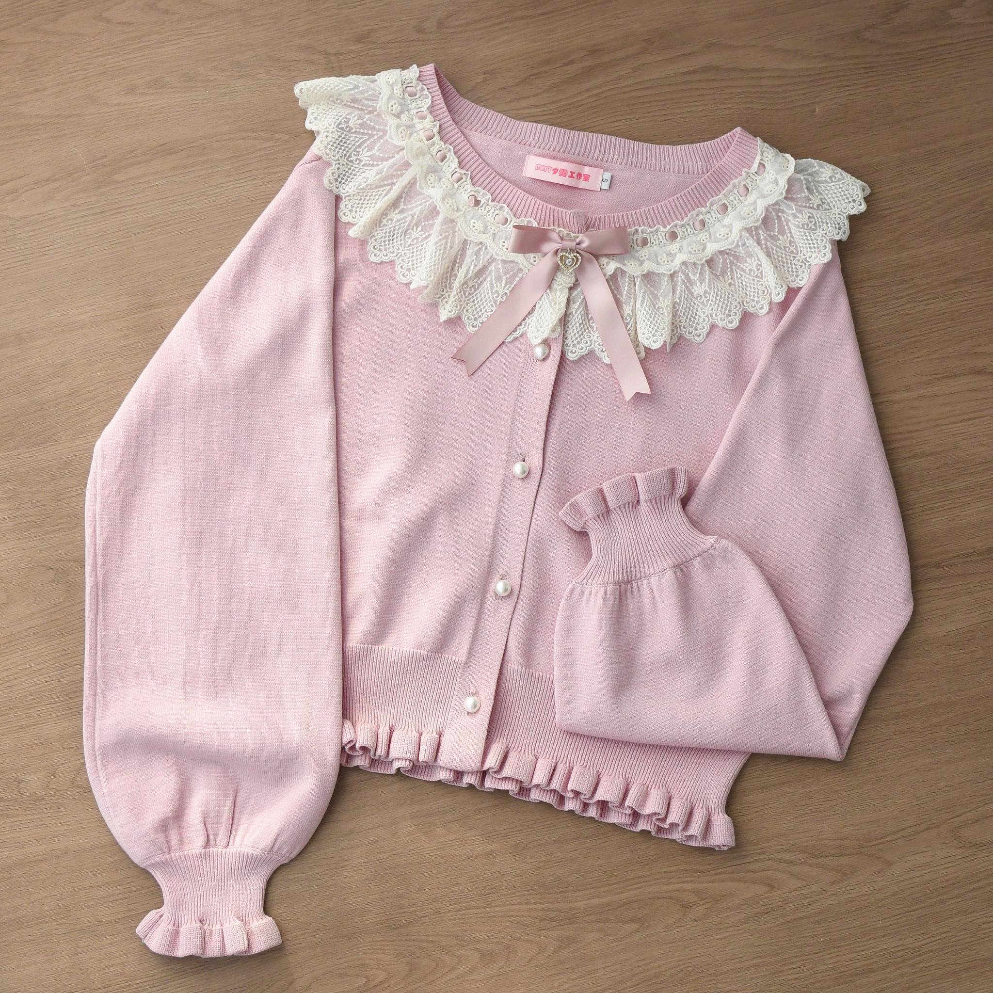 MIST - Graceful Dream - Retro Kawaii Lolita Sweater Cardigan, Ruffled Lace Neckline 43729:783972