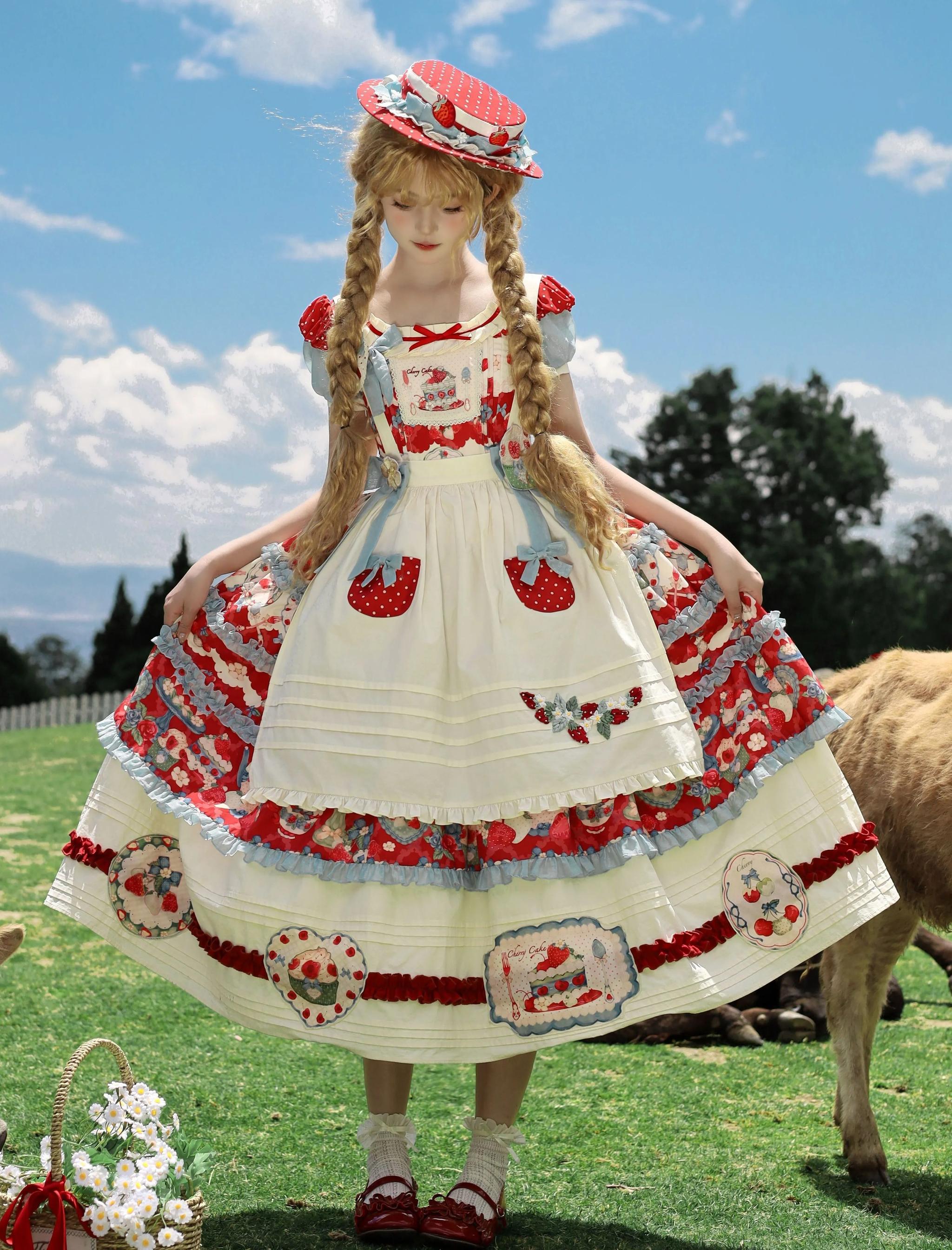 Rose Whispers - Strawberry Tata - Sweet Lolita Dress Suit With Strawberry Cake Print