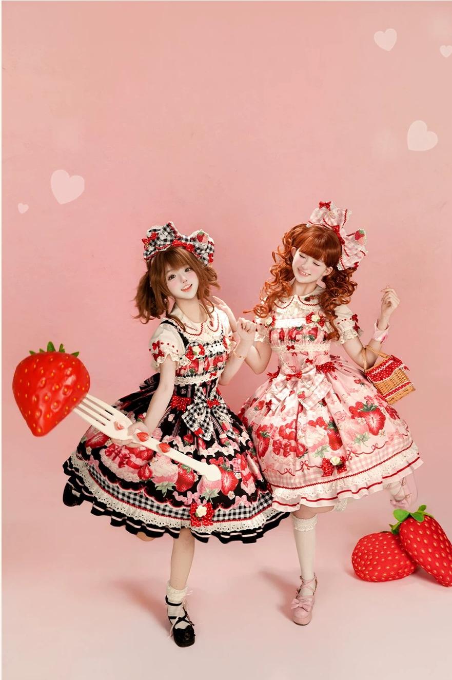 Strawberry Festival - Cotton Sweet Lolita JSK Dress with Strawberry and Cream Print 45735:860387