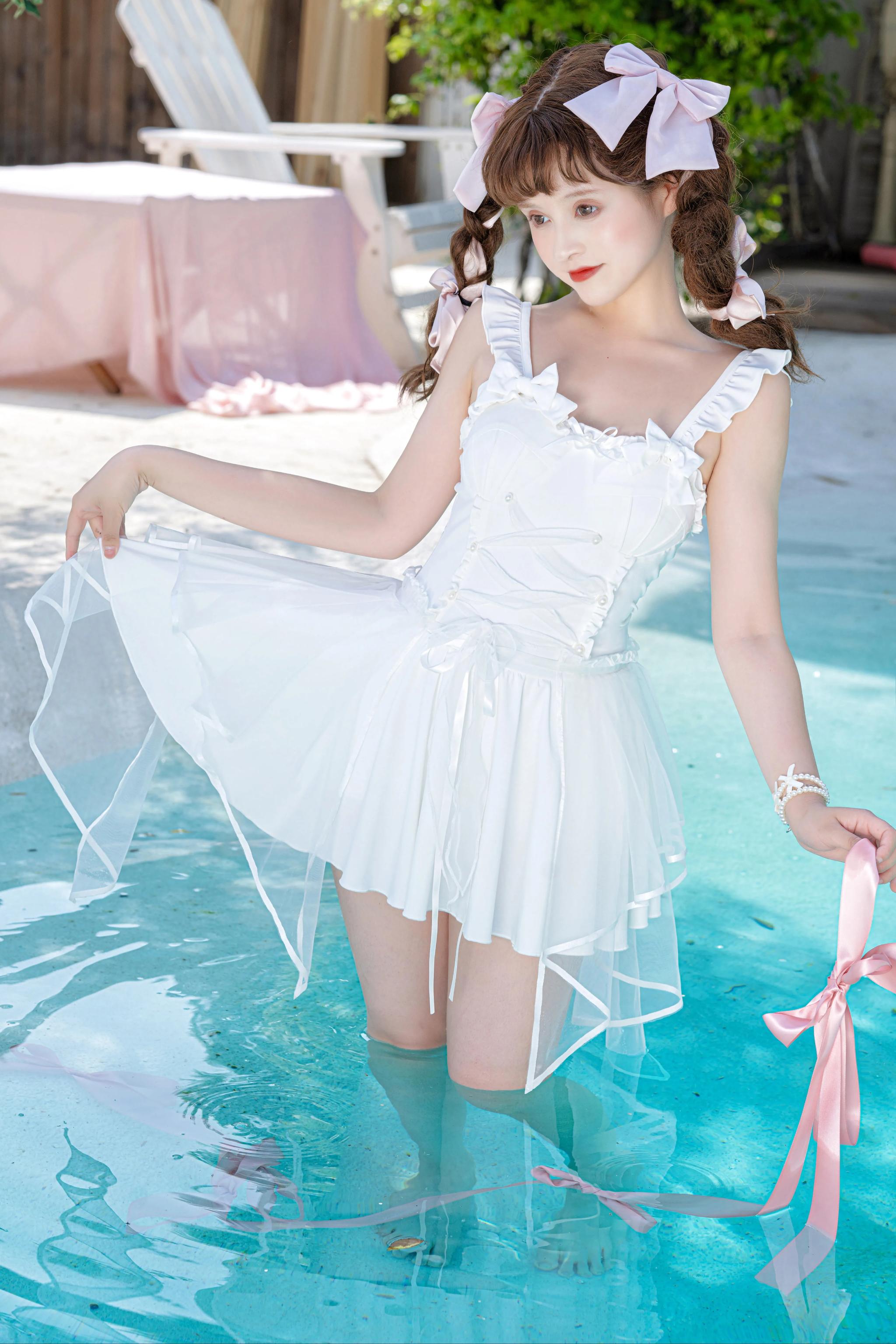 Your Princess - White Lolita Inspired Swimsuit with Pearls and Tulle Overlay