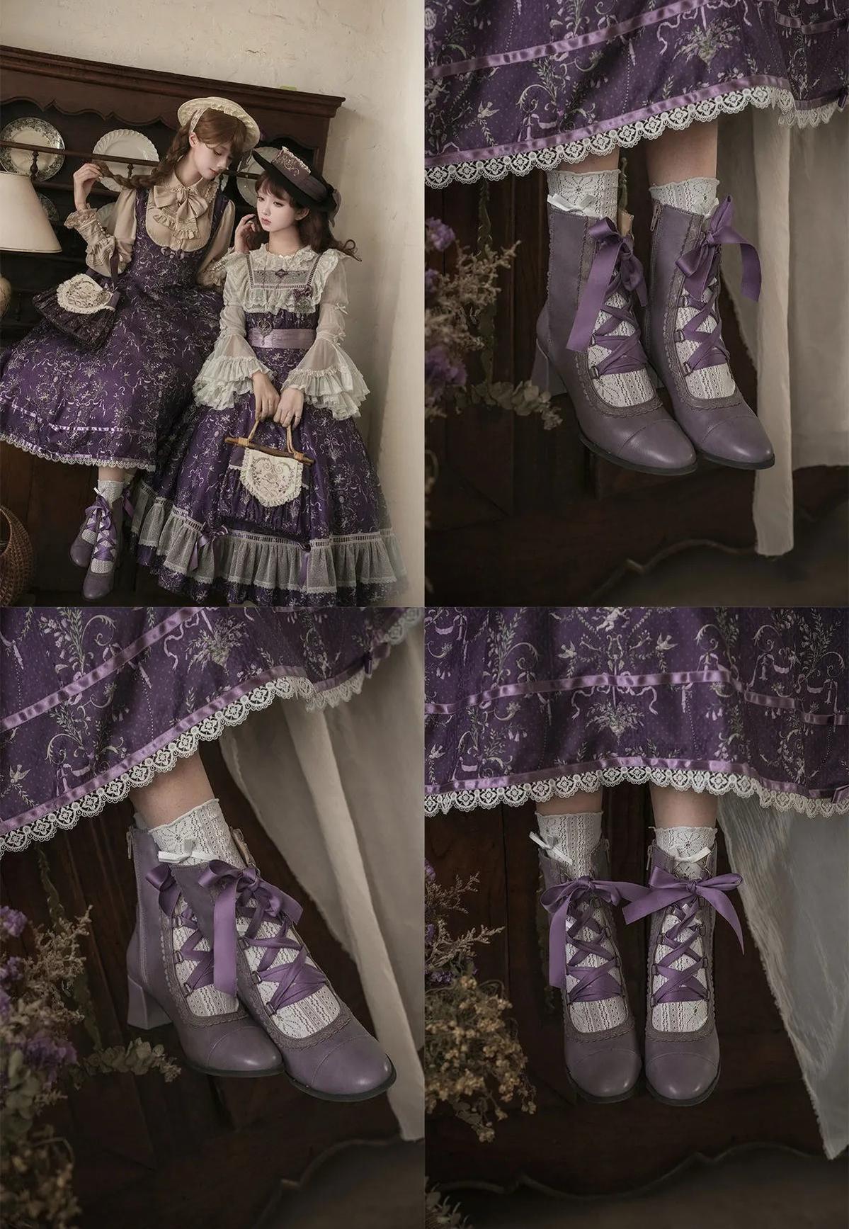 Angel Floral Wall - Classic Lolita Straps Ankle Boots, Side Zipper 45766:861687