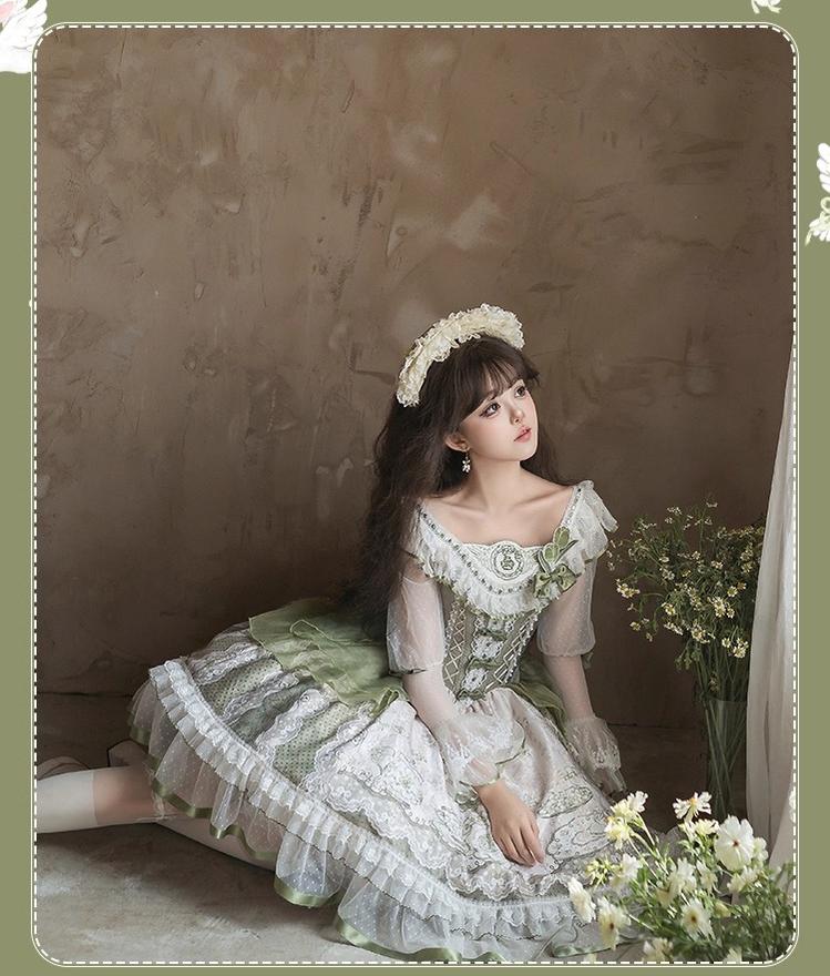 YingLuoFu - Teacup Bunny - Classic Lolita OP Dress, Fresh Green Floral Print 43263:783857