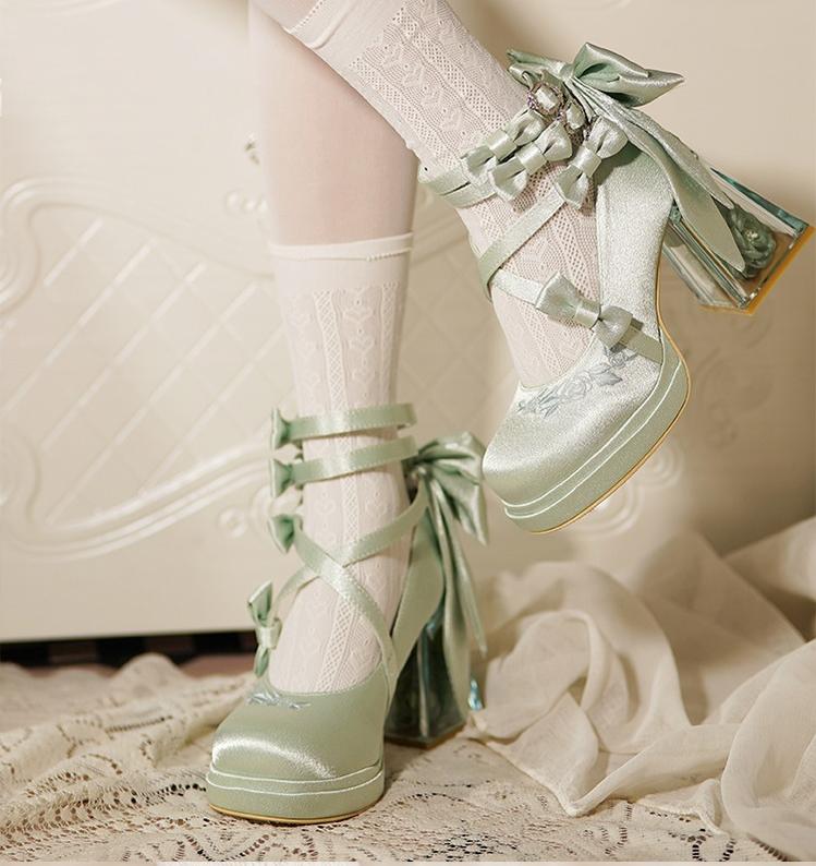 Panda Bear - Glass Floral House - Elegant Lolita Shoes,Transparent Heels with 3D Floral 44045:795326