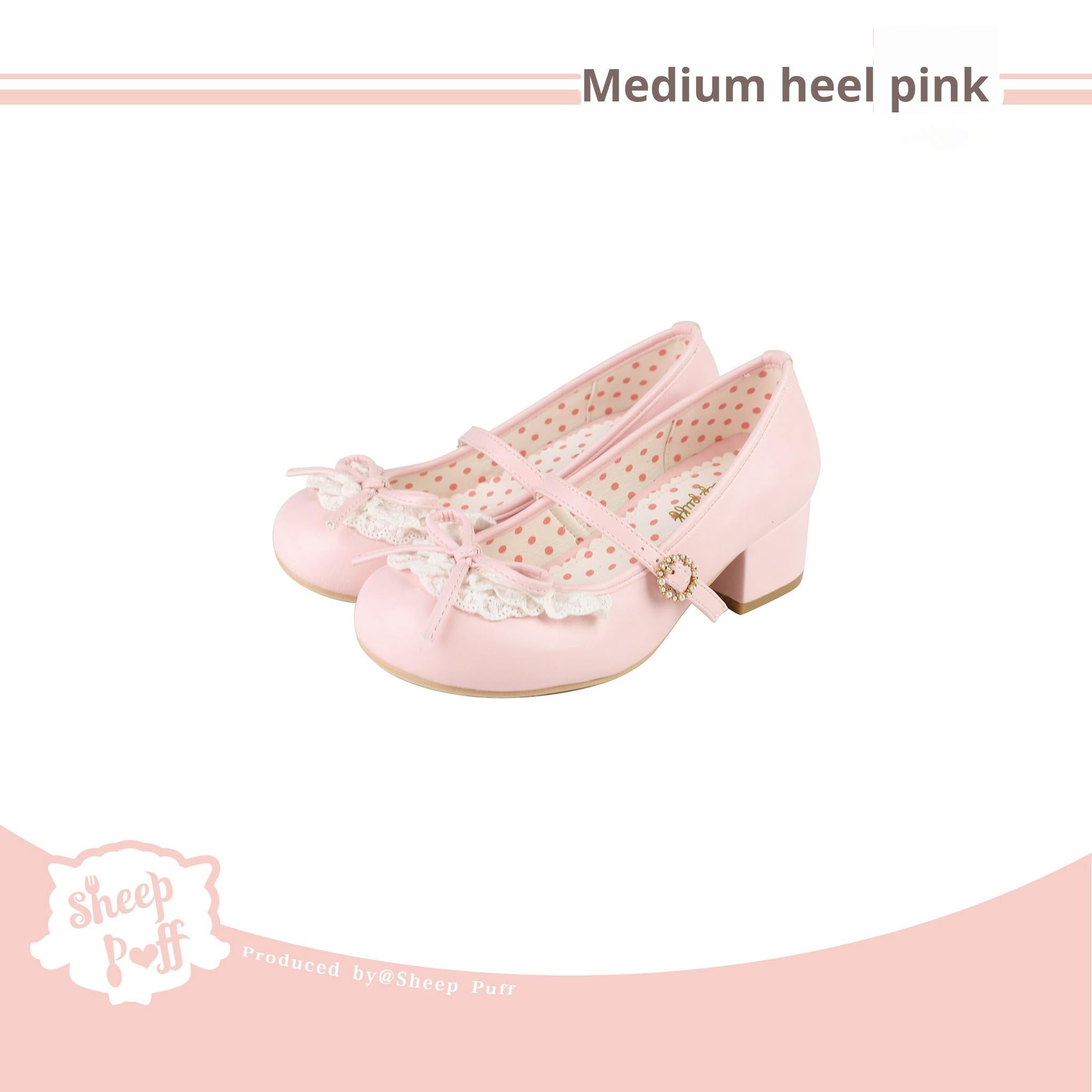 Sheep Puff - Young Layla - Vintage Lolita Shoes Low Heel Butterfly Shoes 34 Pink - mid heels