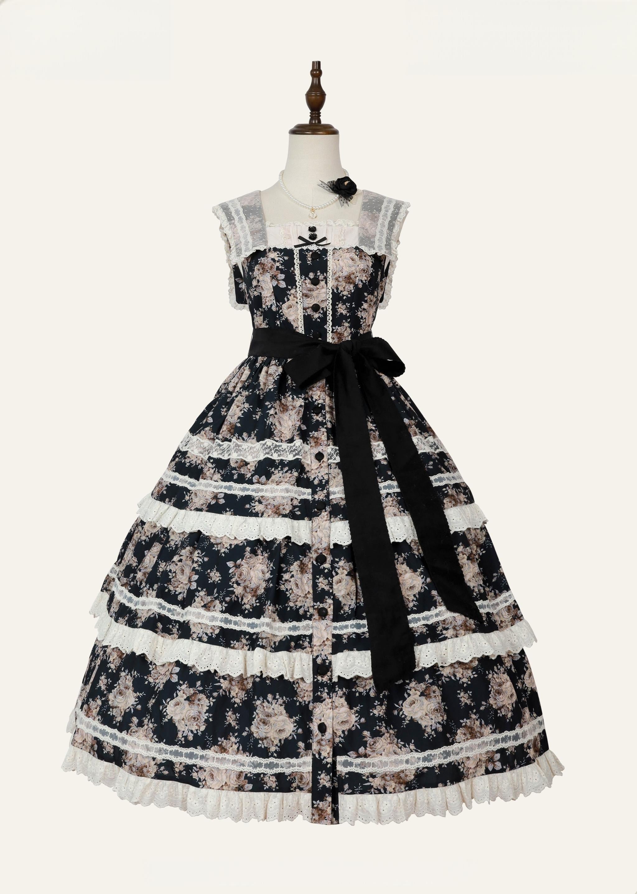 Black Rose - Printed Old School Lolita Dress, Front Opening (L M S XL XS) 44636:817125