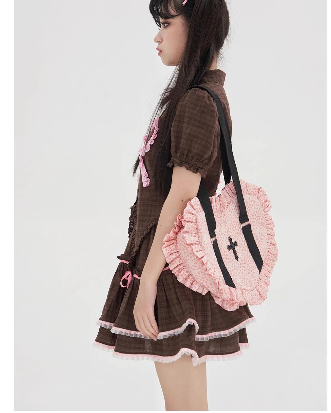 Soso Meme Club - Vintage Lolita Heart Shaped Plaid Dot Print JK Uniform Bag