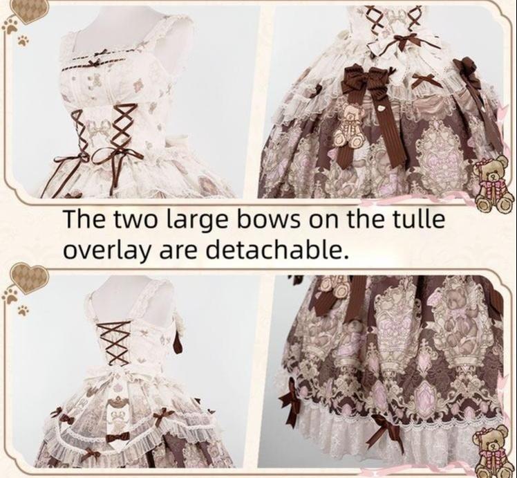 Antique Teddy Bear - Classic Lolita Printed JSK Dress with Ribbon Bows 45538:853367