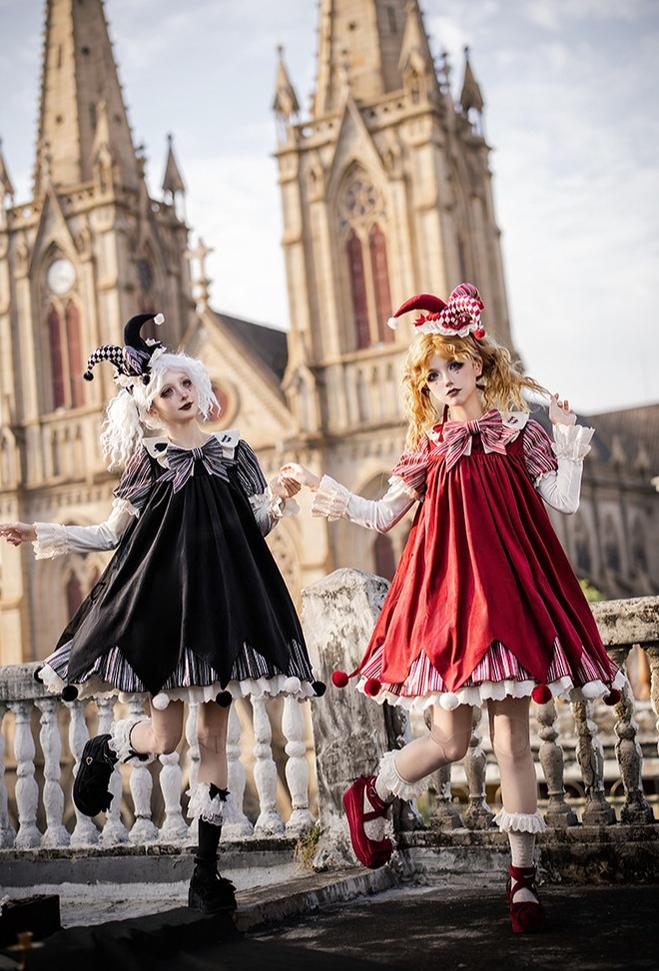 Puppet Mask - Clown Inspired Gothic Lolita OP Dress, Loose Fit 44409:807308