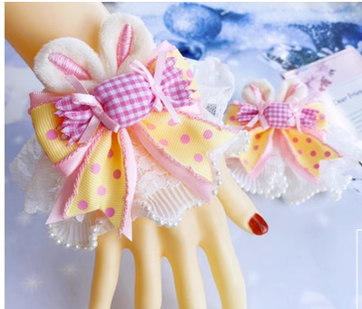 Sweetheart Endless~Sweet Lolita Cuffs Handmade Multicolor Rabbit Ears a pair of yellow-pink candy rabbbit ears cuffs(pin)  