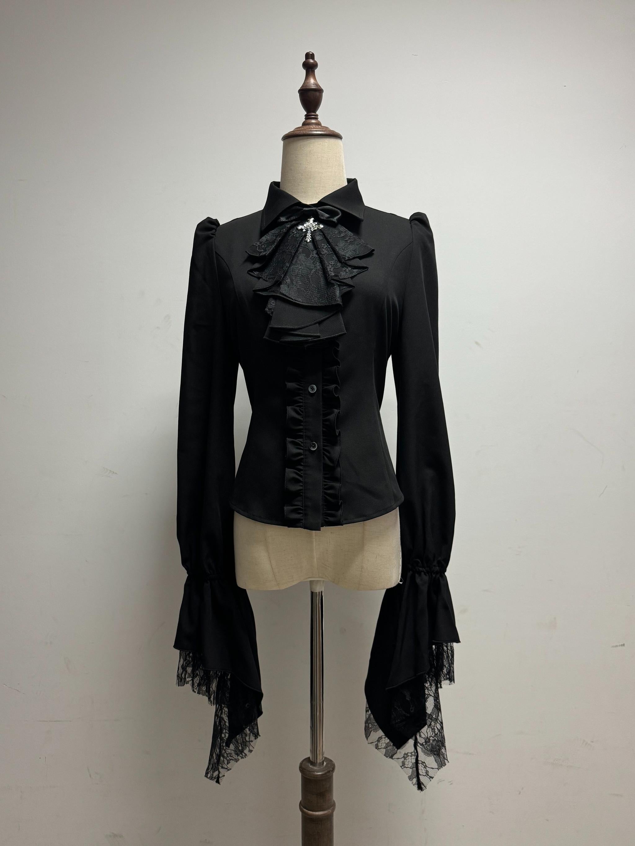 Butterfly Shadow - Halloween Gothic Lolita Fishbone Skirt & Shirt, Butterfly Print Black - Long Sleeve Blouse S