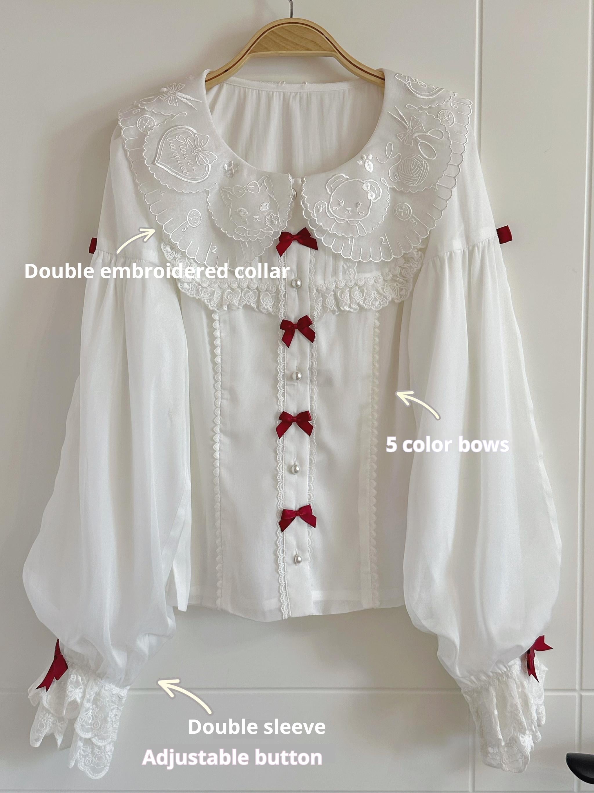 Flower Banquet - Sweet Lolita Blouse Embroidered Shirt with Long Sleeve S White X Red Bow