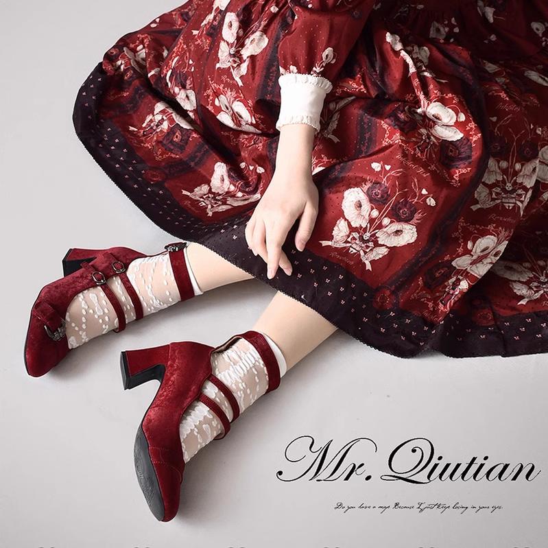 MR.Qiutian~Velia~Elegent Lolita Shoes CLA Thick Heel Shoes Burgundy Size 35( fits the feet of 34) 