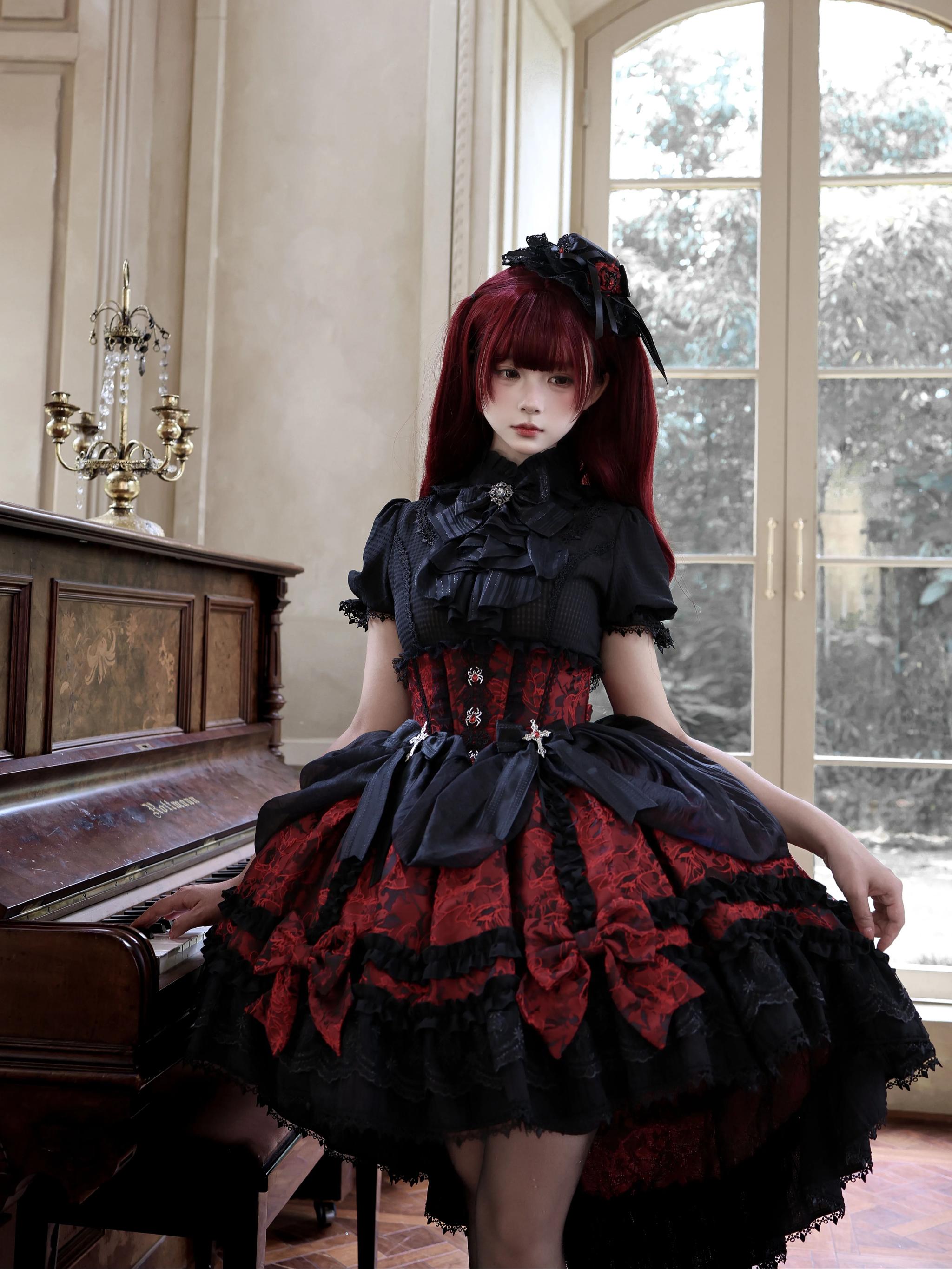 Spider Cross Knot - Gothic Lolita Skirt Set, High-low Hem and Fishbone Waist 45733:860161