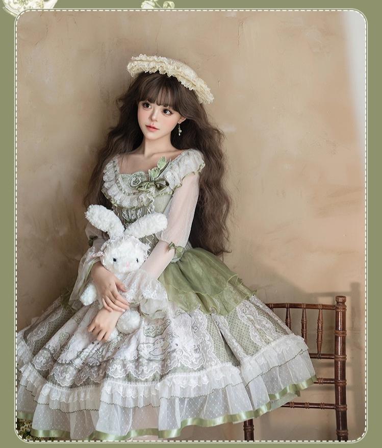 YingLuoFu - Teacup Bunny - Classic Lolita OP Dress, Fresh Green Floral Print 43263:783858