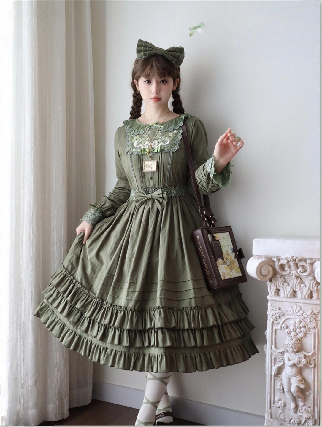 Maiden Nelly - Classic Lolita OP Dress, Embroidered Flowers Green - Long Sleeve OP Dress + Bow S