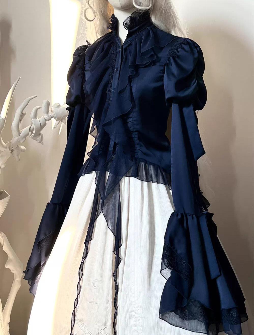 Dragon Bone - Gothic Lolita Blouse, Irregular Swallowtail Flounce Hem Dark Blue Long-Sleeve Blouse S