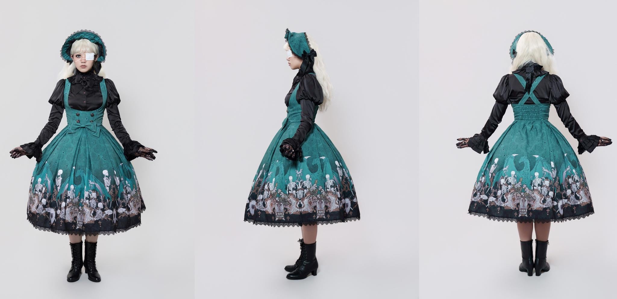Dragon Bone Lily - Vintage Gothic Lolita Dragon & Skeleton Print JSK Dress