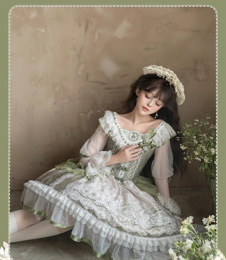 YingLuoFu - Teacup Bunny - Classic Lolita OP Dress, Fresh Green Floral Print 43263:783868