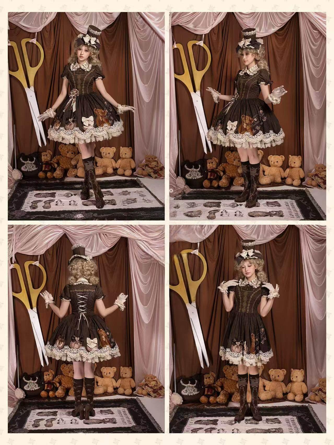 Little Bear Workshop - Cotton Sweet Lolita JSK & OP Dress, Printed Bodice Brown OP Only XS