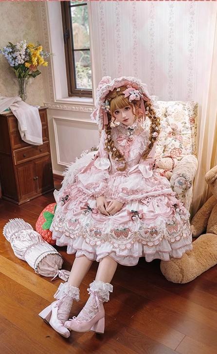 Bramble Rose - Starryberry Eden - Hime-sleeved Sweet Lolita Dress, Strawberry Embroidery 44262:801203