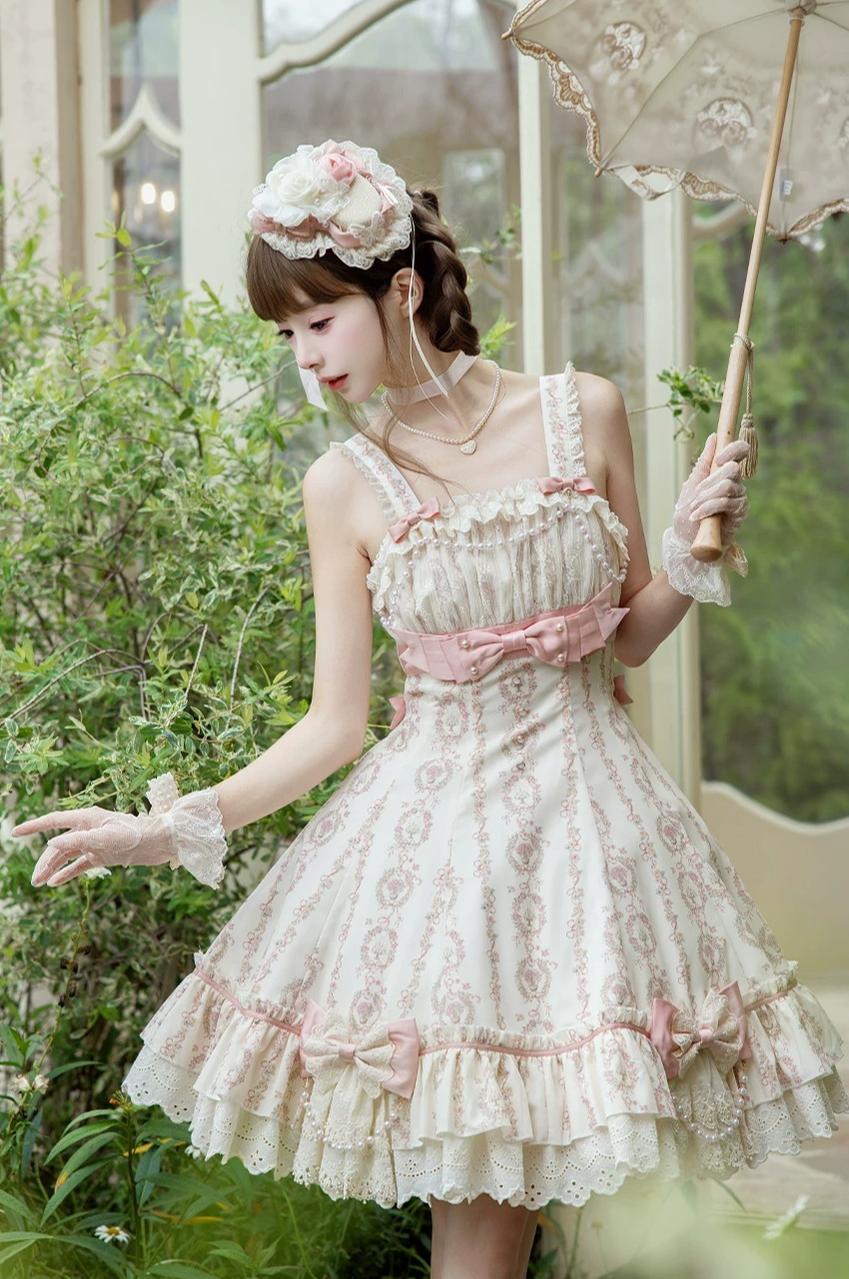 Whispers of Blossoms & Candlelight - Sweet Lolita Floral Printed JSK Dress with Bows 45631:856590