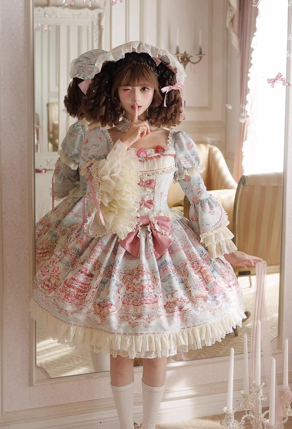 Victorian Cake - Classic Lolita OP Dress, Strawberry Cake Print