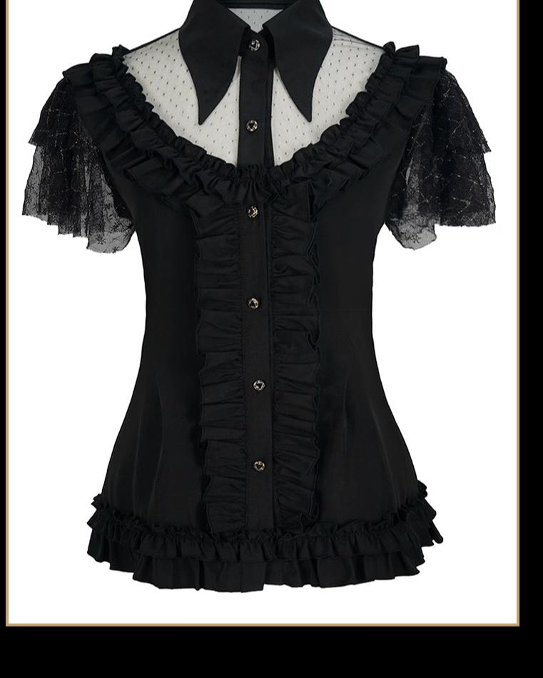 Cat Highness - Gothic Lolita Shirt Black Flounce Hem Short Sleeve Shirt