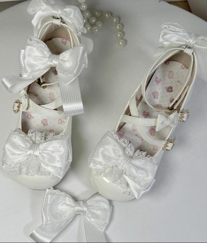 Cloud Satin Dream - Sweet Lolita Shoes, Ribbon Bows & Round Toe Off-white low heels 35