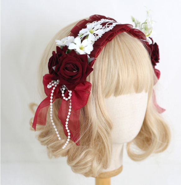 Xiaogui - Elegant Lolita Floral Lace Handmade Headband wine red with a retaining clip