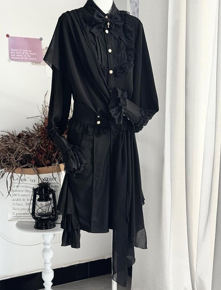 CastleToo - Eternal City - Black Ouji Lolita Pointed Collar Shirt Outfit Shirt + Shorts + Bow Tie + Scarf One Size