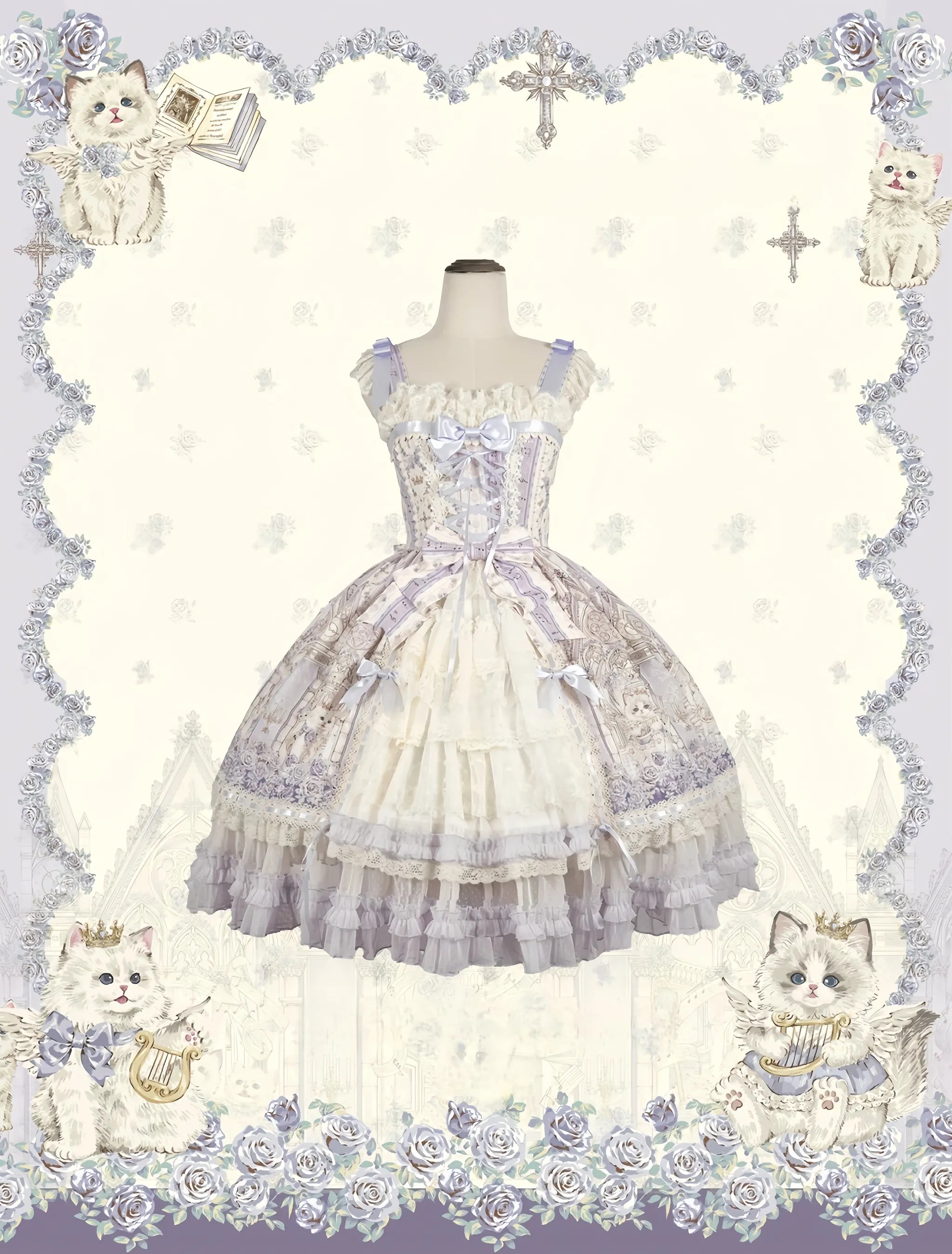Glass Spire Melody - Cotton Lining Classic Lolita JSK, Cat and Musical Note Print (2XL 3XL L M S XL) 45586:852973