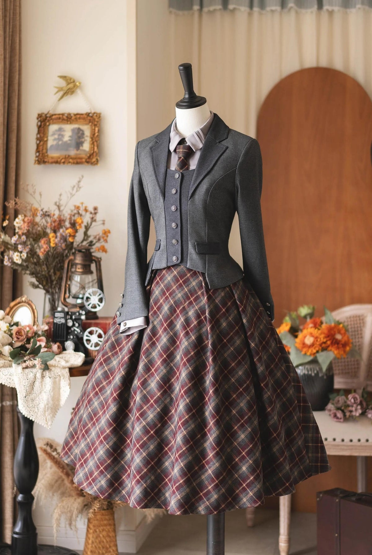 Forest Beats - Elegant Classic Lolita Suspenders Skirt, Plaid Pattern 46082:874454