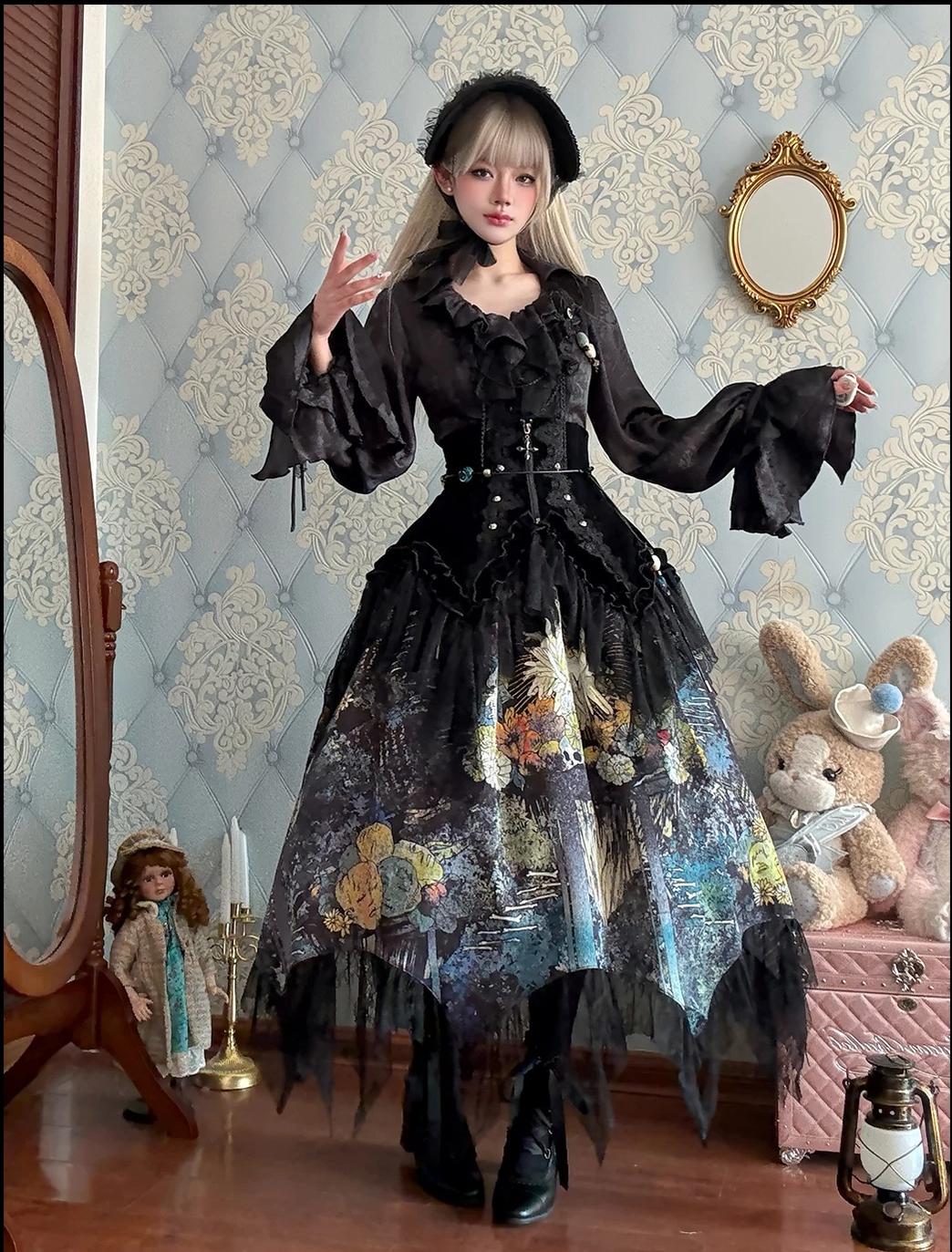 Bone Garden - Black Gothic Lolita Corset, Irregular Lace Hem 46040:873122