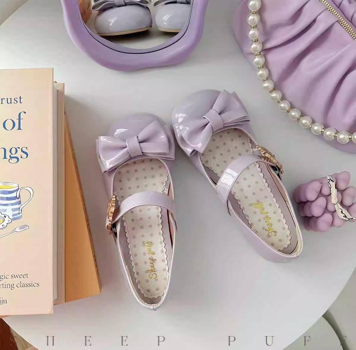 Sheep Puff~Hug Bear~Sweet Lolita Heel Shoes Bear Metal Buckle Bow Shoes 38702:597654