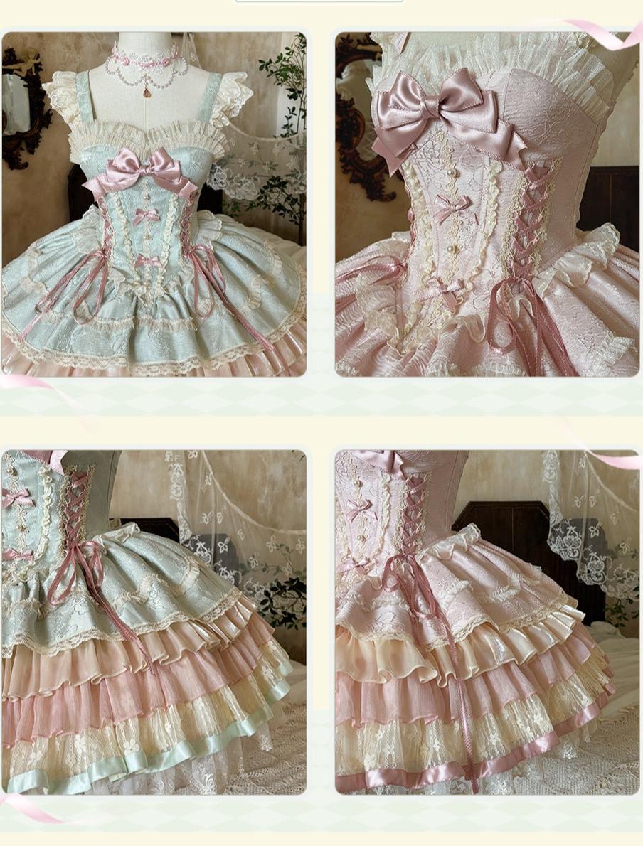 Lotus Crossing - Sweet Lolita Tiered Hem JSK Dress with Satin Bow 45302:844793