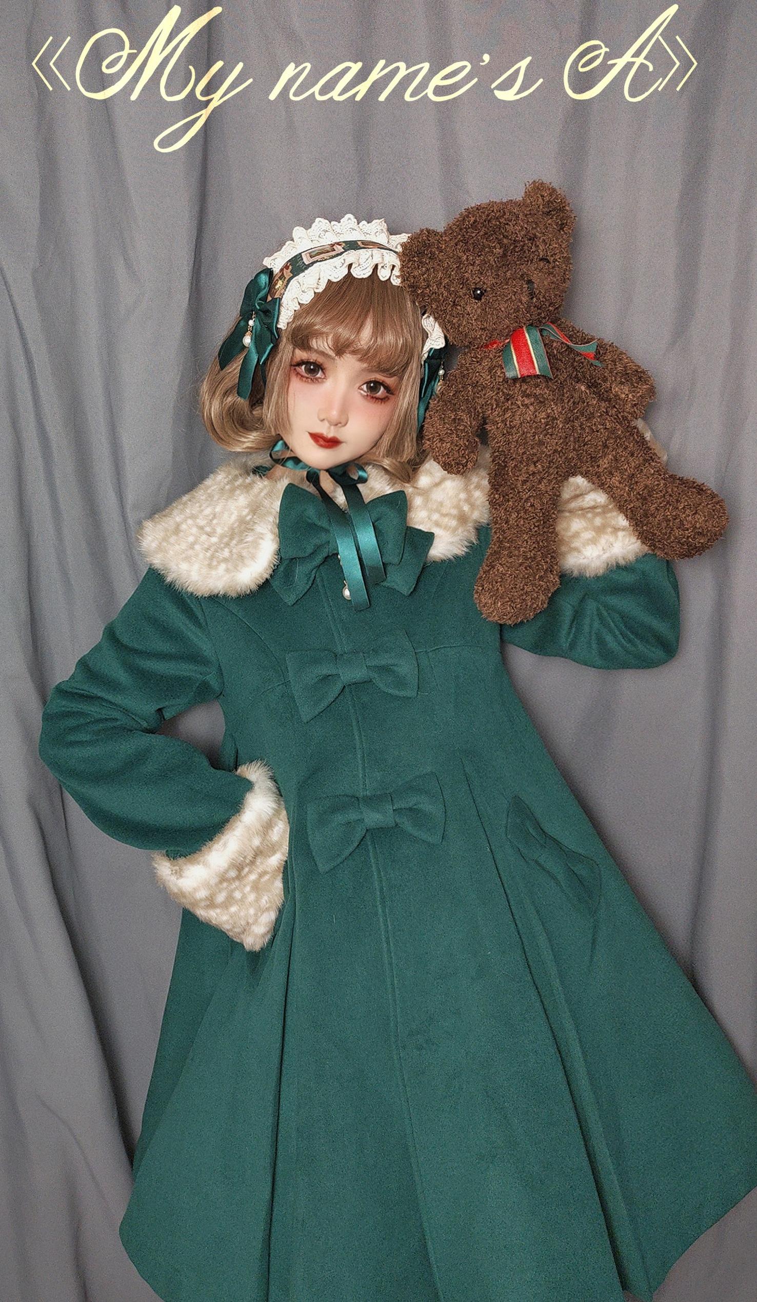 Unideer - Winter Lolita Coat Wool Bow Overcoat S Ink Green