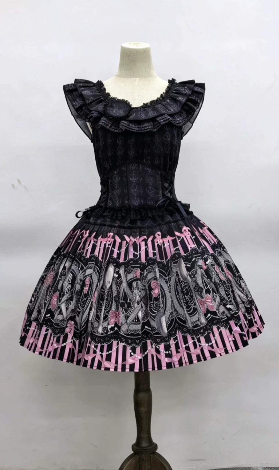 Clara Table - Dark Sweet Lolita SK & JSK Dress Set, Candelabra Tableware Print 45979:870400