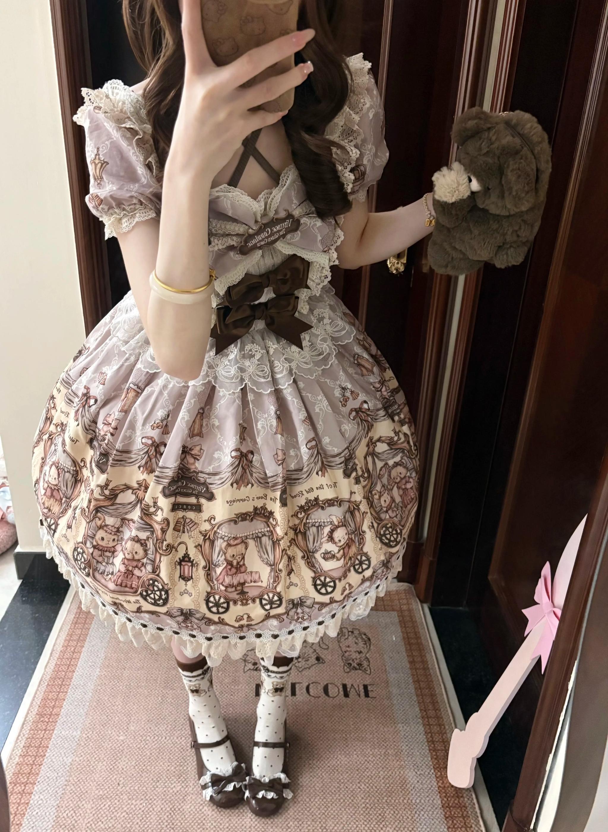 Bunny and Bear - Printed Sweet Lolita Dress, Lace and Bow Details