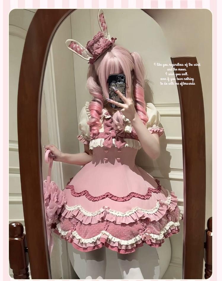 Bunny Breeze - Pink Sweet Lolita OP Dress with Cute Hat and Bunny Ears