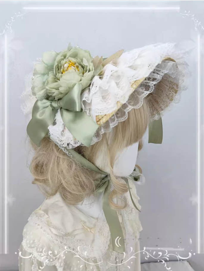 Cocoa Jam - Country Lolita Bonnet Lace Flower Flat Cap Multicolors Customized light green