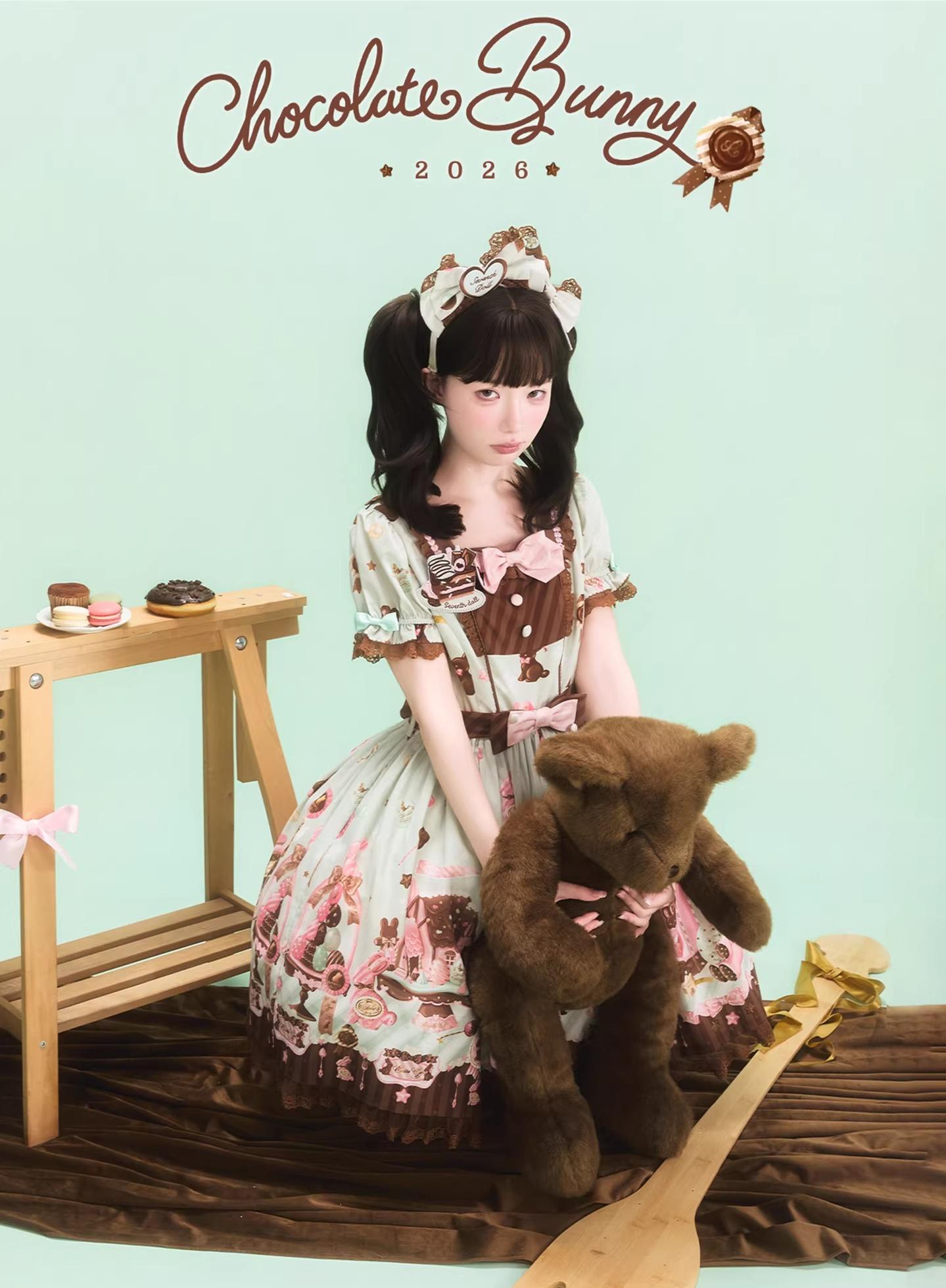 Chocolate Bunny - Printed Kawaii Lolita JSK, Short-sleeved Dress