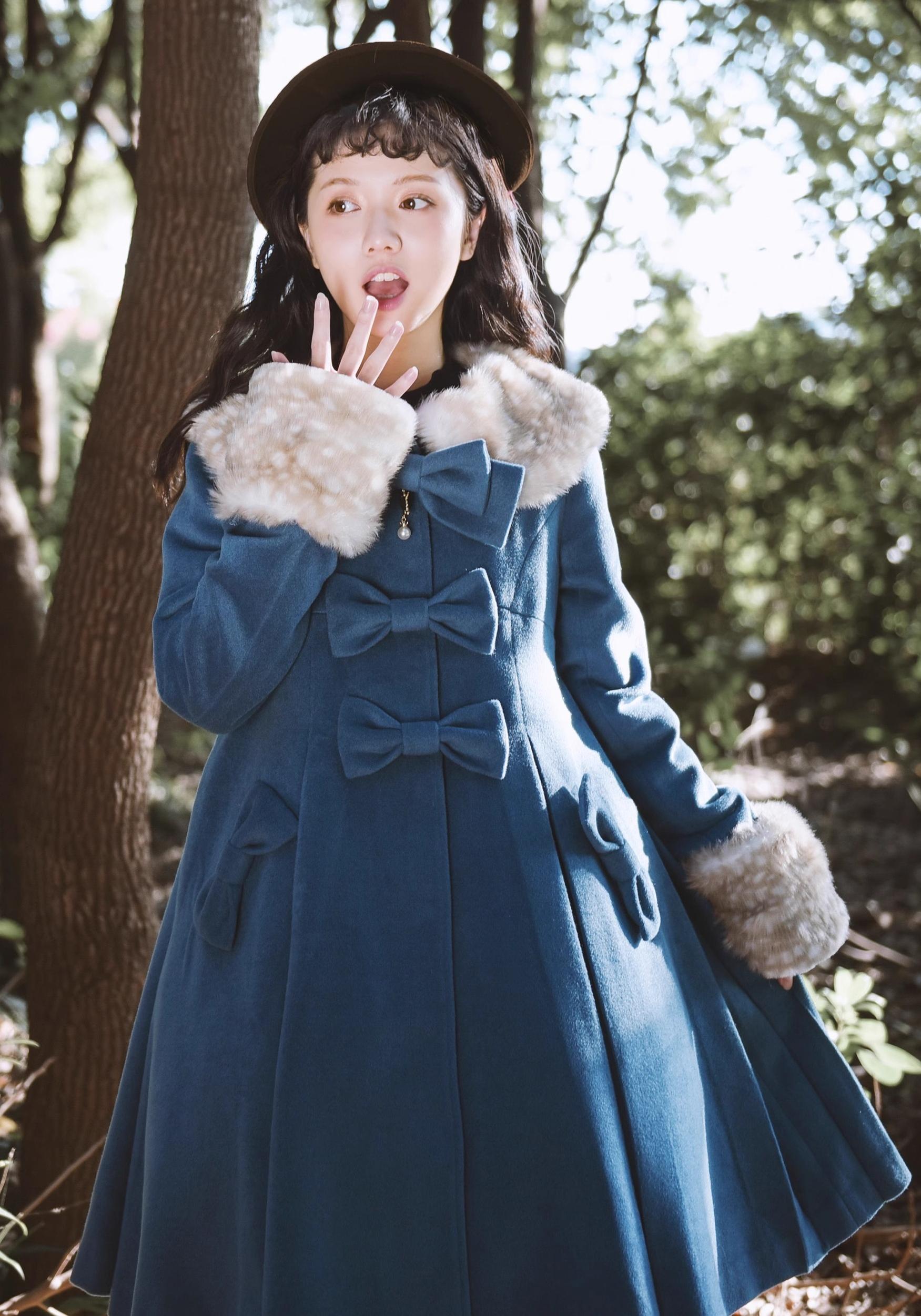 Unideer - Winter Lolita Coat Wool Bow Overcoat S Fog Blue