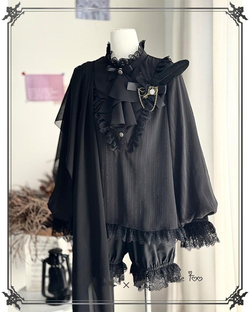 CastleToo - Black Moonlight - Ouji Lolita Chiffon Shirt Outfit Long-sleeved Shirt + Scarf (not sold separately) One Size