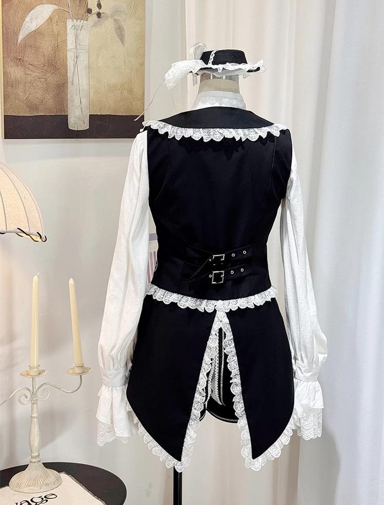 Crow Feather Ode - Ouji Lolita Cotton Linen Shirt and Clock Embroidery Vest Set 45665:857442