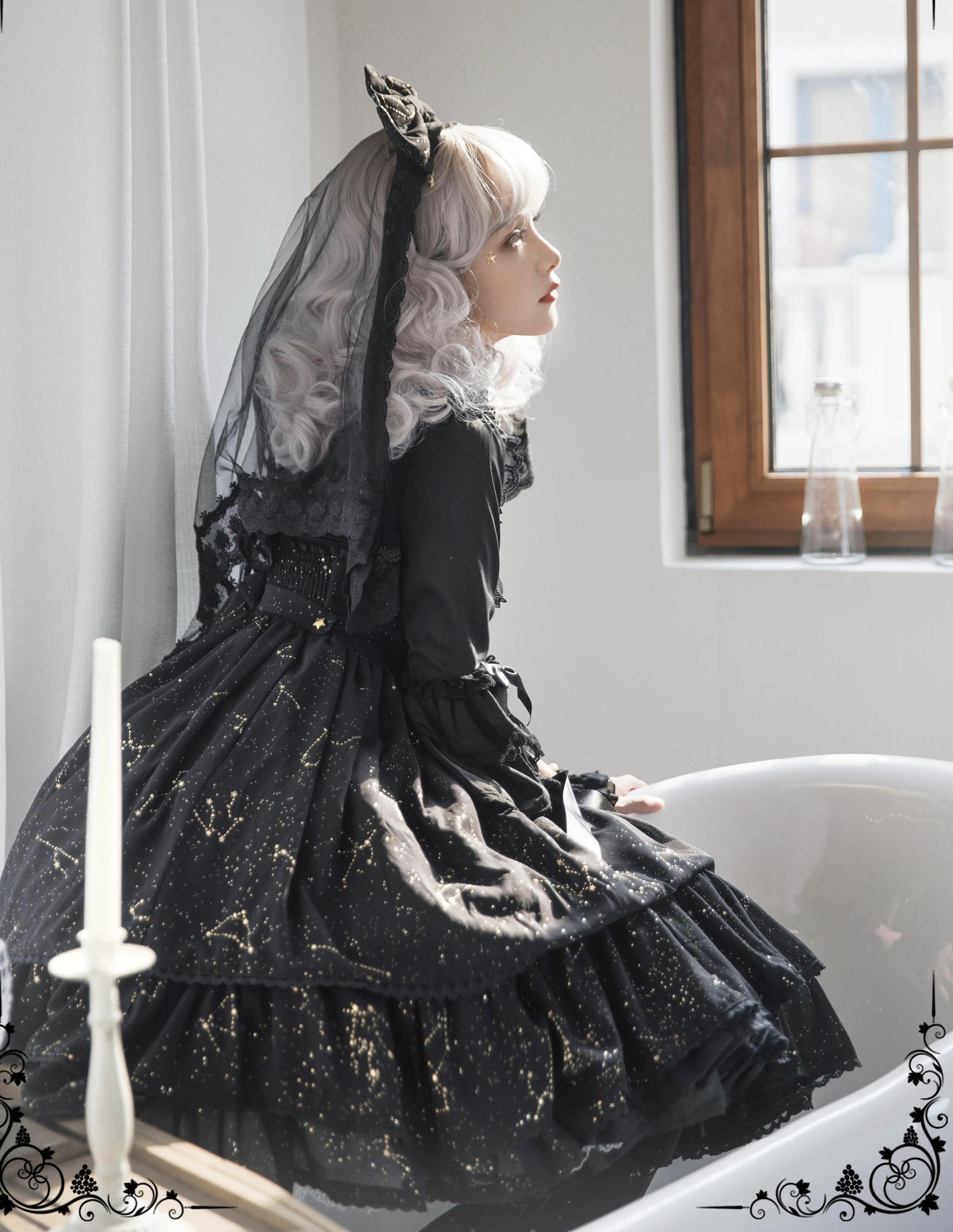 Whisper of Stars - Elegant Lolita Black JSK Dress, Constellation Foil Printing 34582:495548