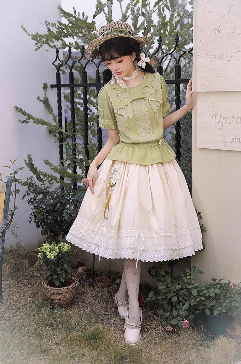ZeeYe - Night Rose - Classic Lolita Shirt Double Layer Bow Embroidered Versatile Blouse S Matcha non-hollow out short sleeve