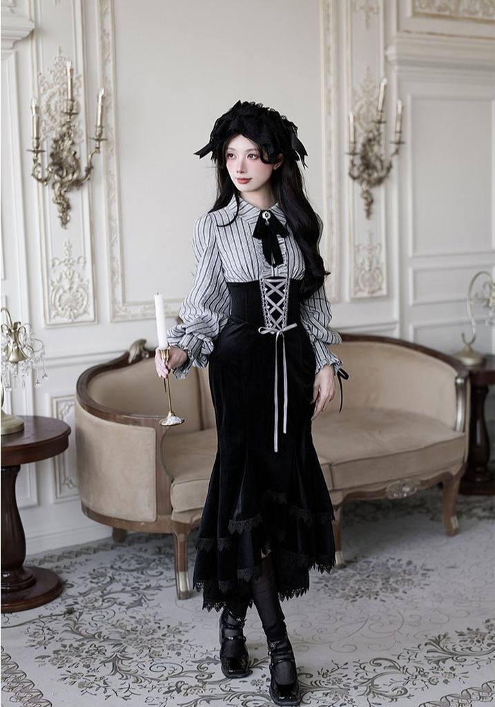 Dusk Moment - Classic Lolita Striped OP & Mermaid Dress Set, Fishbone Waist 44498:810730