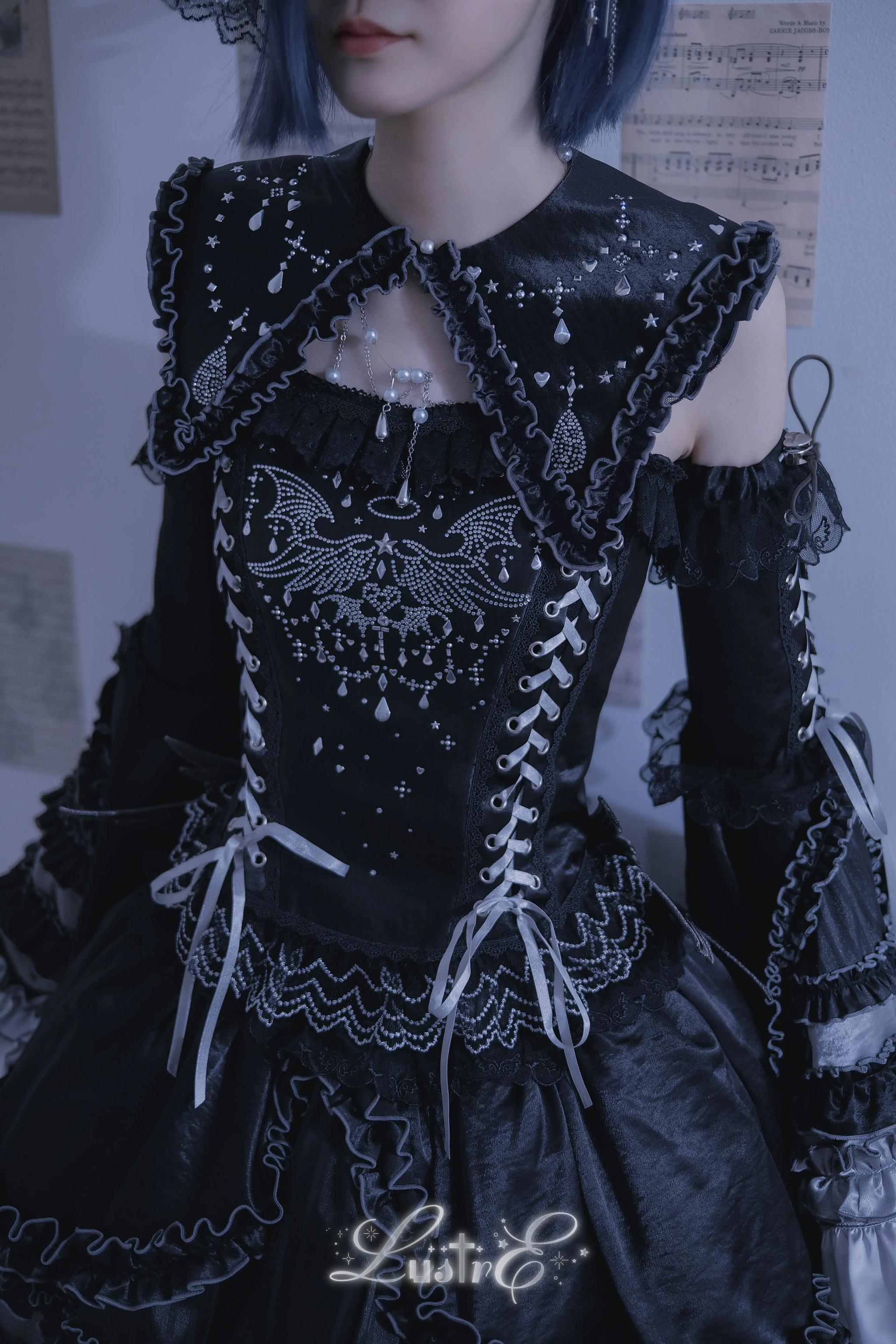 LustrE - Metallic Angel Black - Gothic Lolita Rhinestone Top & Ruffled Skirt Set 43991:791120