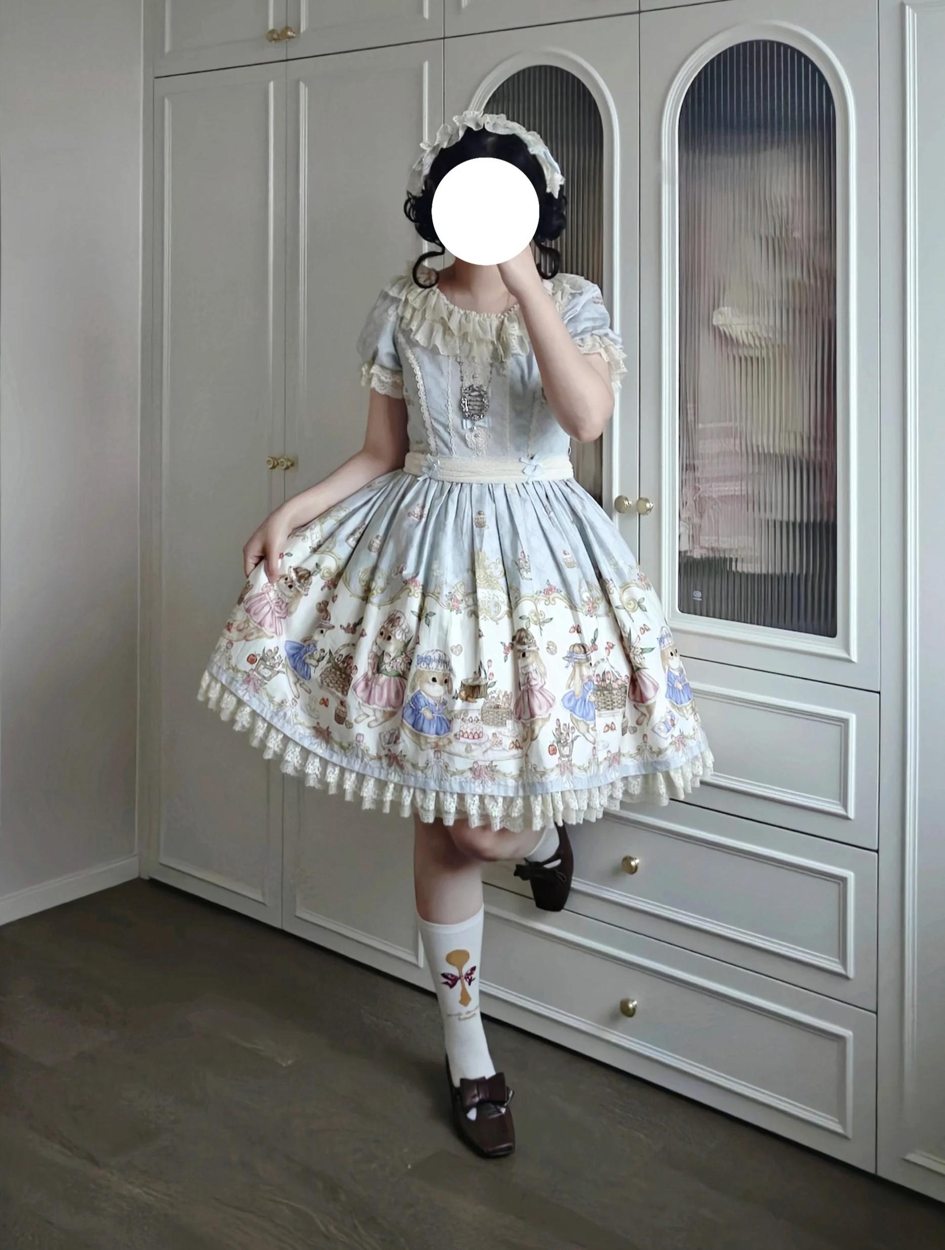 Picnic Bunny - Cotton Daily Doll-like Lolita OP Dress, Bunny Print 45670:858017